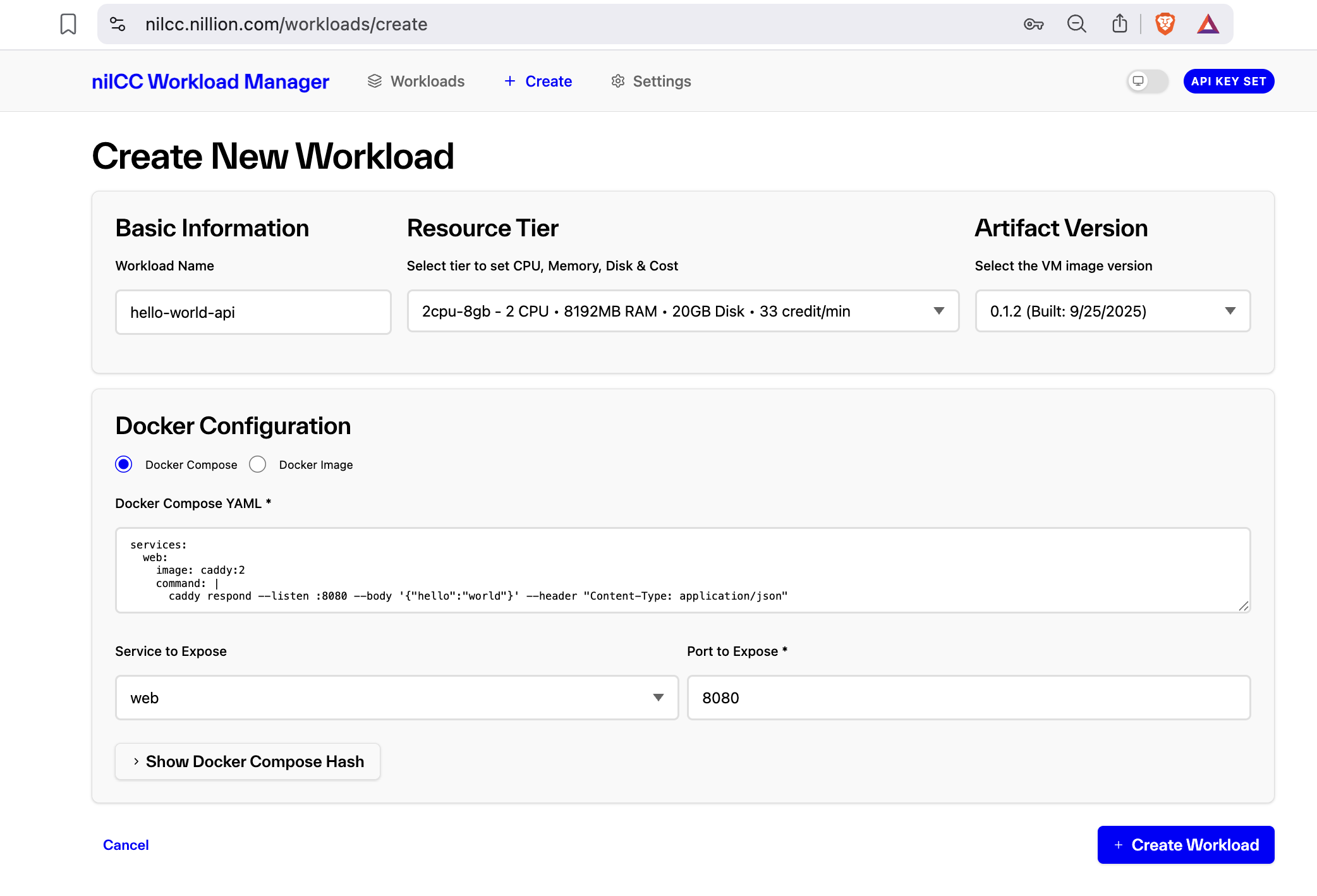 nilCC Create Workload